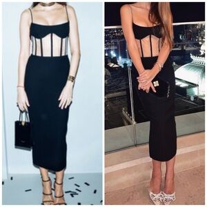 Rasario Bustier Basque Sheer Waist Midi Dress Black Cocktail Formal Evening
